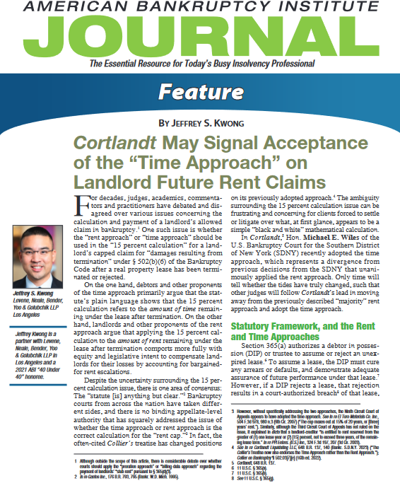 JEFFREY S. KWONG’S ARTICLE ON LANDLORD FUTURE RENT CLAIMS PUBLISHED IN ABI JOURNAL